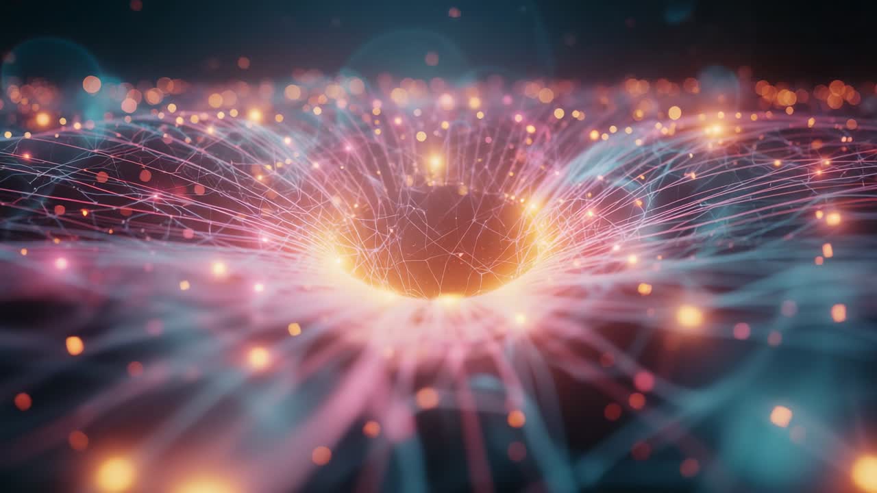 Traveling light pulses along radial filaments in cyberspace, core vortex drawing particles inward