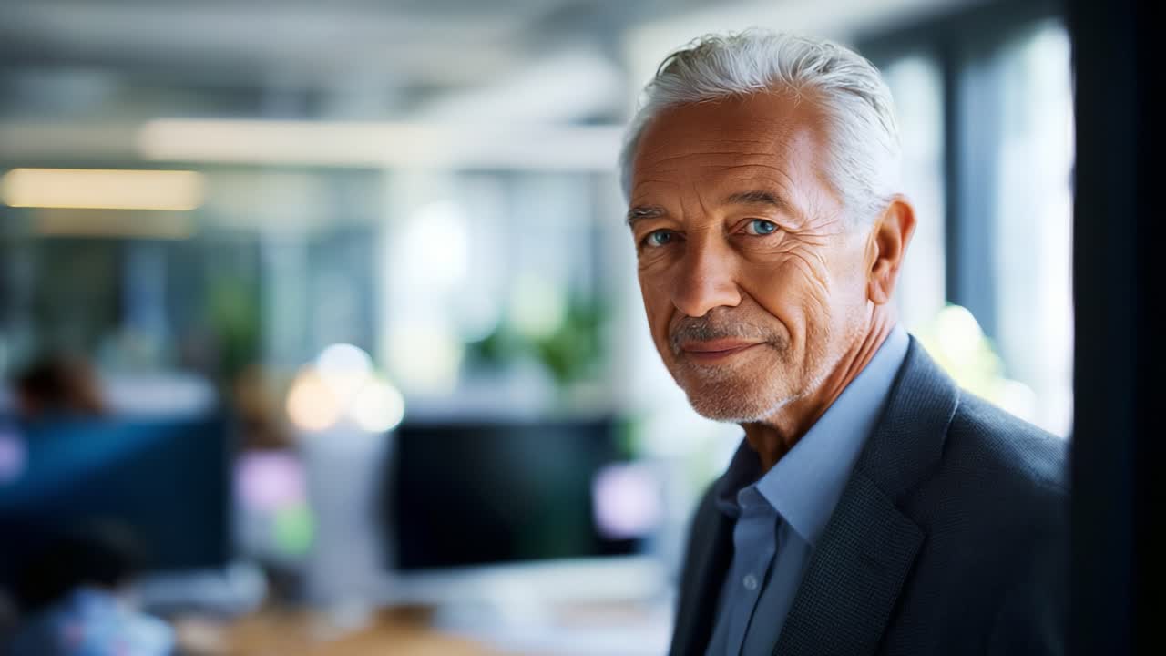 Smiling elderly man with gray hair in a professional setting, showcasing a warm expression while standing in a modern office with blurred background elements