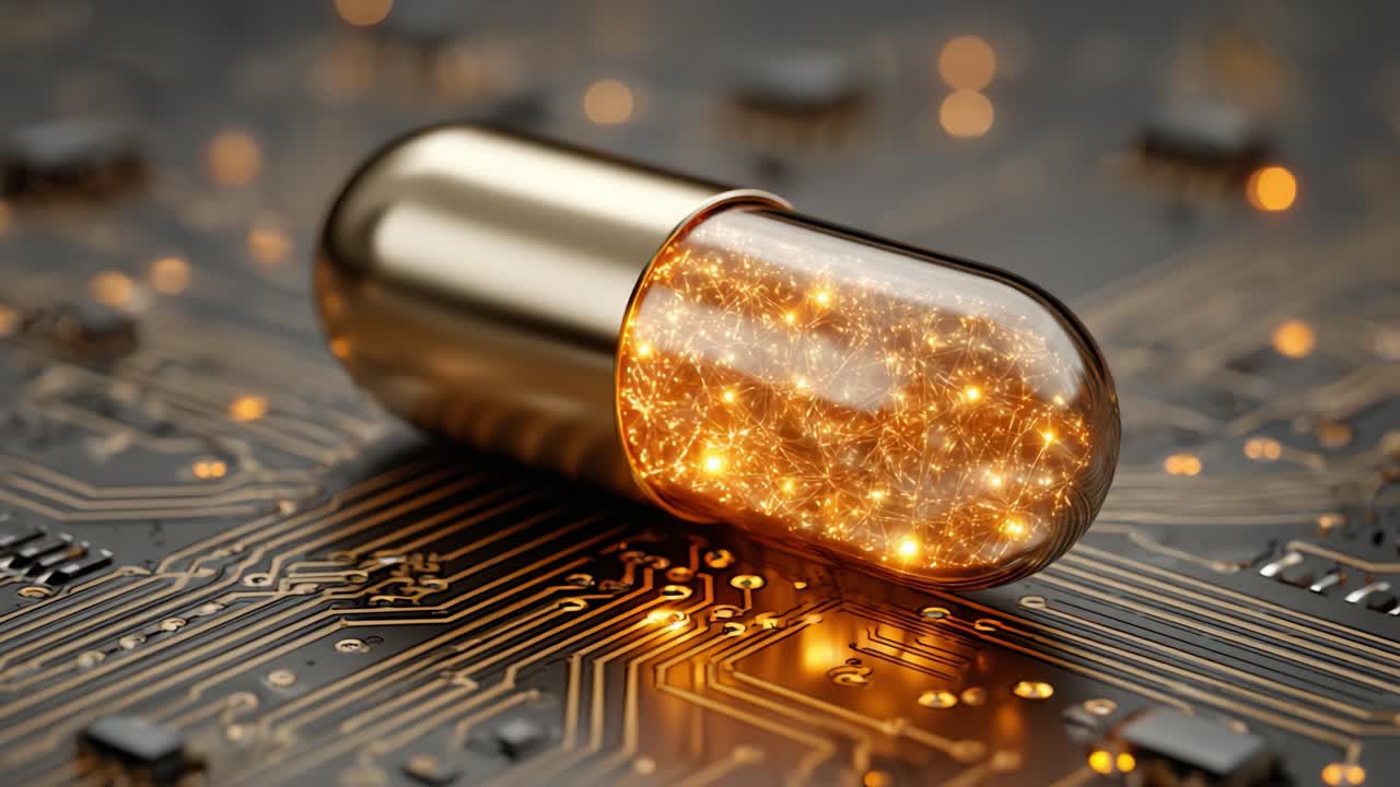 A Stunning Visualization of a Technologically Advanced Capsule Residing on a Circuit Board, Highlighting the Fusion of Medicine and Technology in a Captivating Display