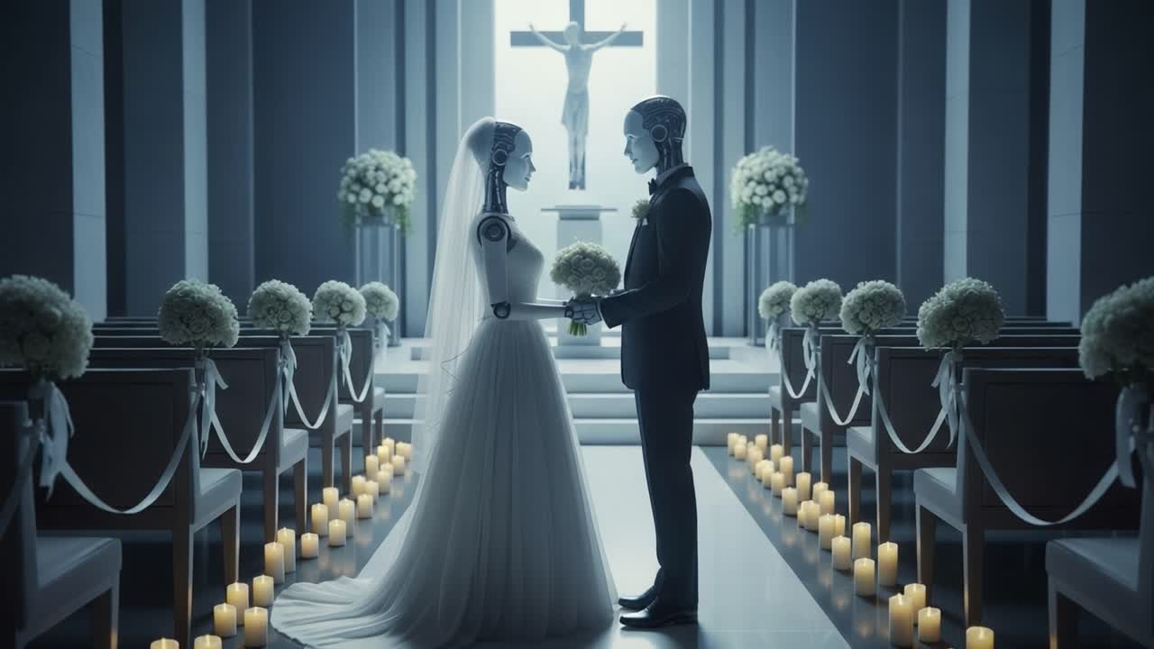 A Stunning Ceremony Featuring Two Robotic Figures in Wedding Attire, Emphasizing the Blend of Technology and Tradition in a Beautifully Decorated Chapel Setting