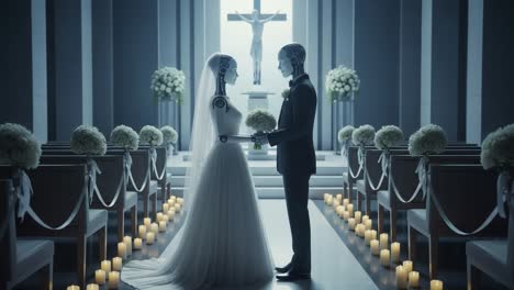 a stunning ceremony featuring two robotic figures in wedding attire, emphasizing the blend of technology and tradition in a beautifully decorated chapel setting