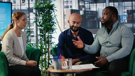 vertical video business meeting in a corporate office involving executive decision making