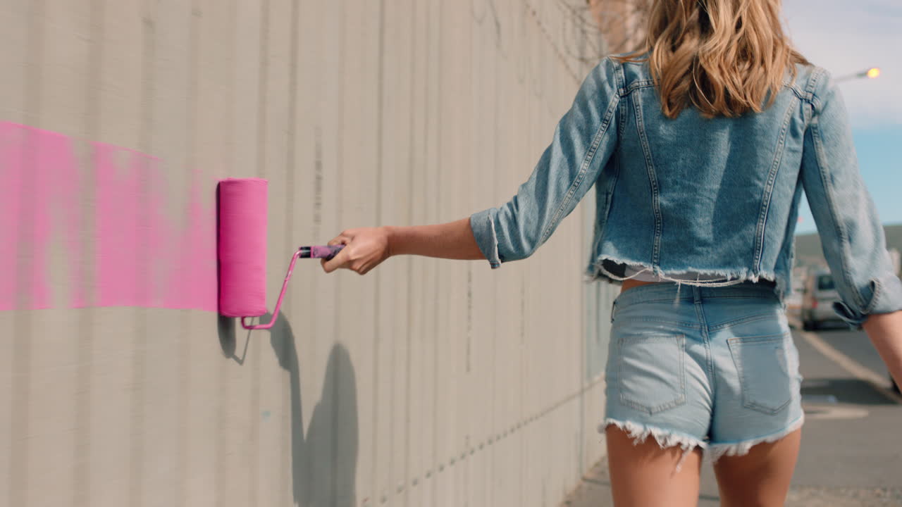 hermosa mujer artista pintando pared con pintura rosa caminando por la calle de la ciudad mujer confiada disfrutando de la expresión artística con graffiti urbano arte retro