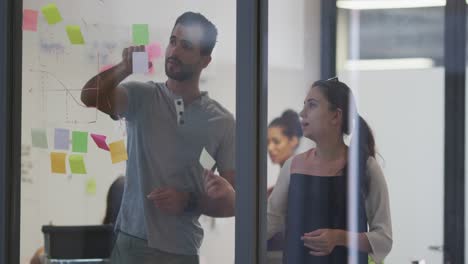 diverse male and female work colleagues brainstorming using glass wall in meeting room