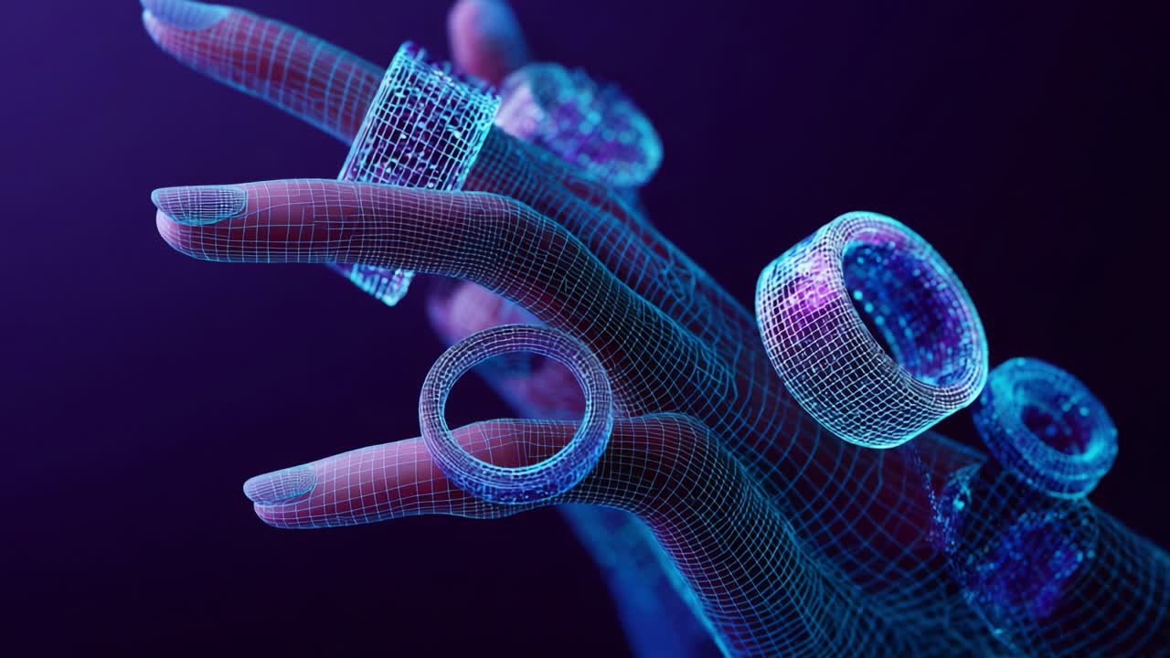 Abstract 3D Rendering of a Wireframe Hand with Rings