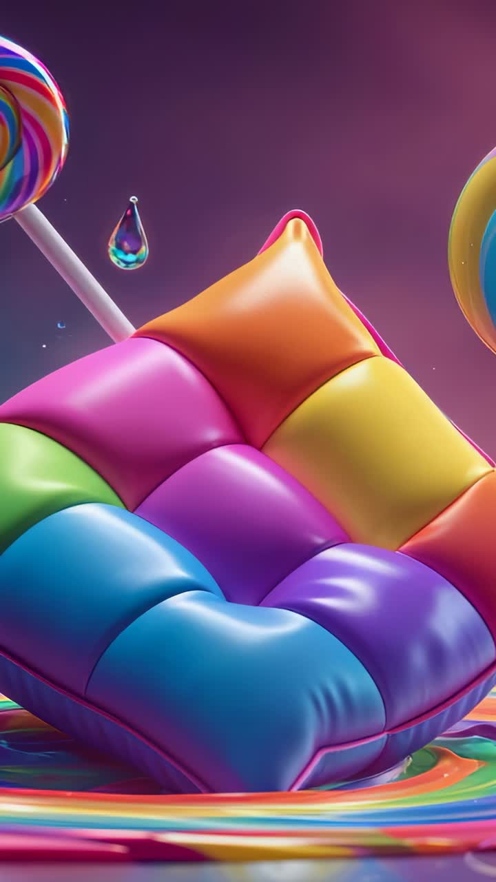Vertical video: Displaying vibrant cushion floating on rainbow pool in gradient studio with droplet