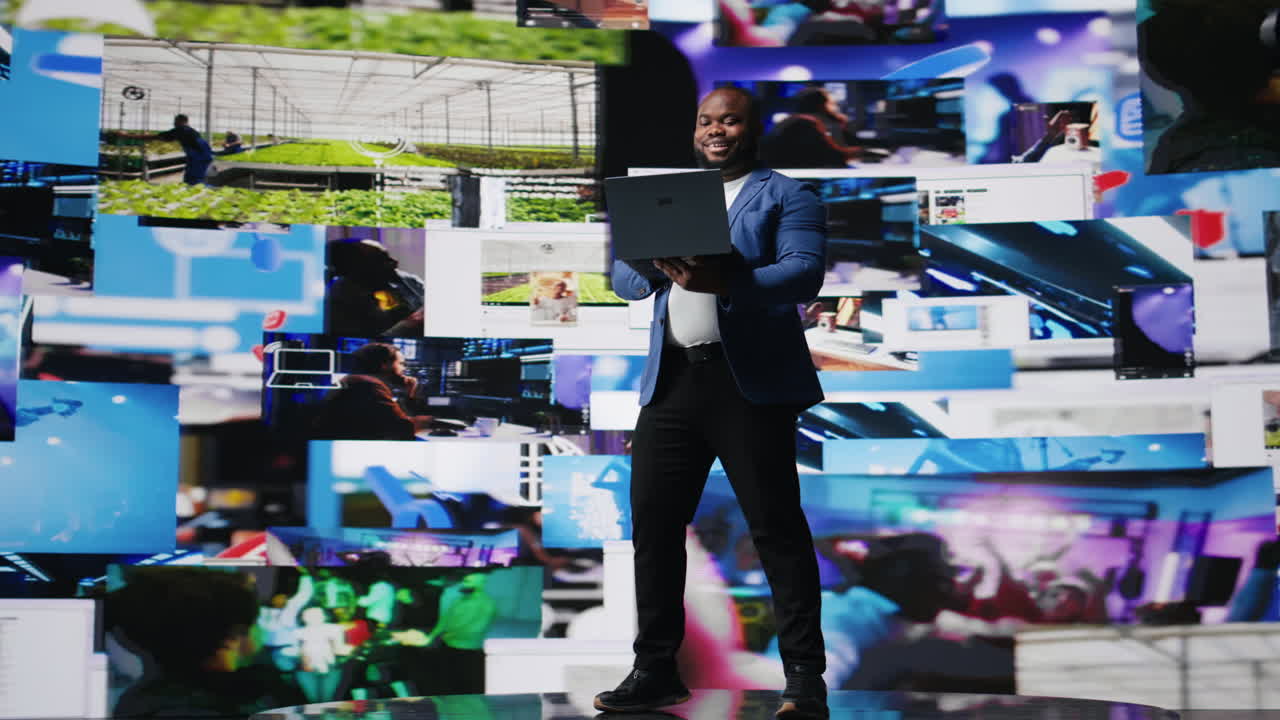 African american specialist engaging with media dashboards screens