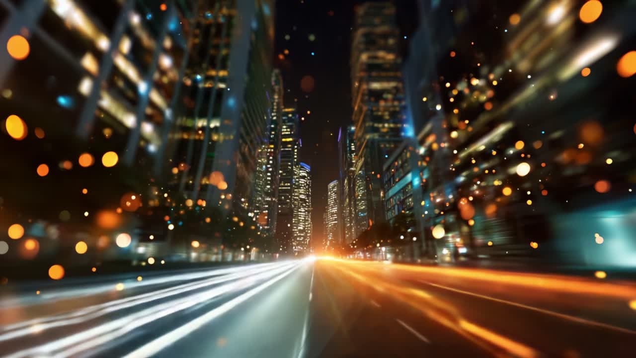 Dynamische Stadtlandschaft bei Nacht mit Bewegungsunschärfe-Effekt, die lebendige Lichter und die energiegeladene Atmosphäre in einer städtischen Umgebung einfängt