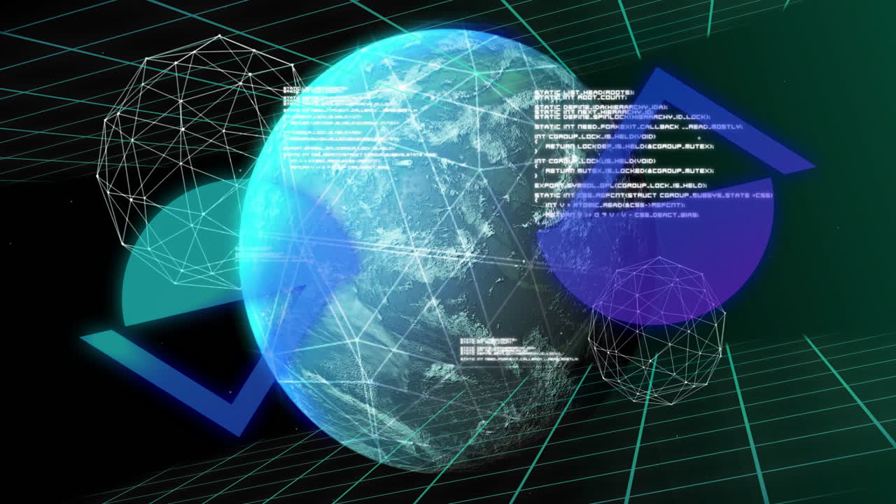 Rotating digital globe with network connections and data processing animation