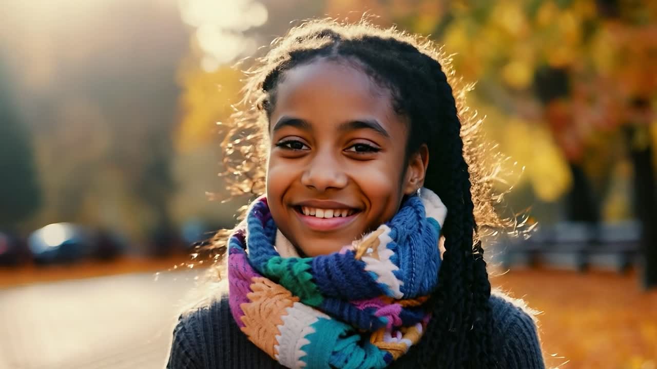mujer joven sonriente con trenzas en el parque de otoño