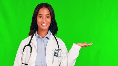 Medical,-palm-and-a-doctor-woman-on-a-green-screen