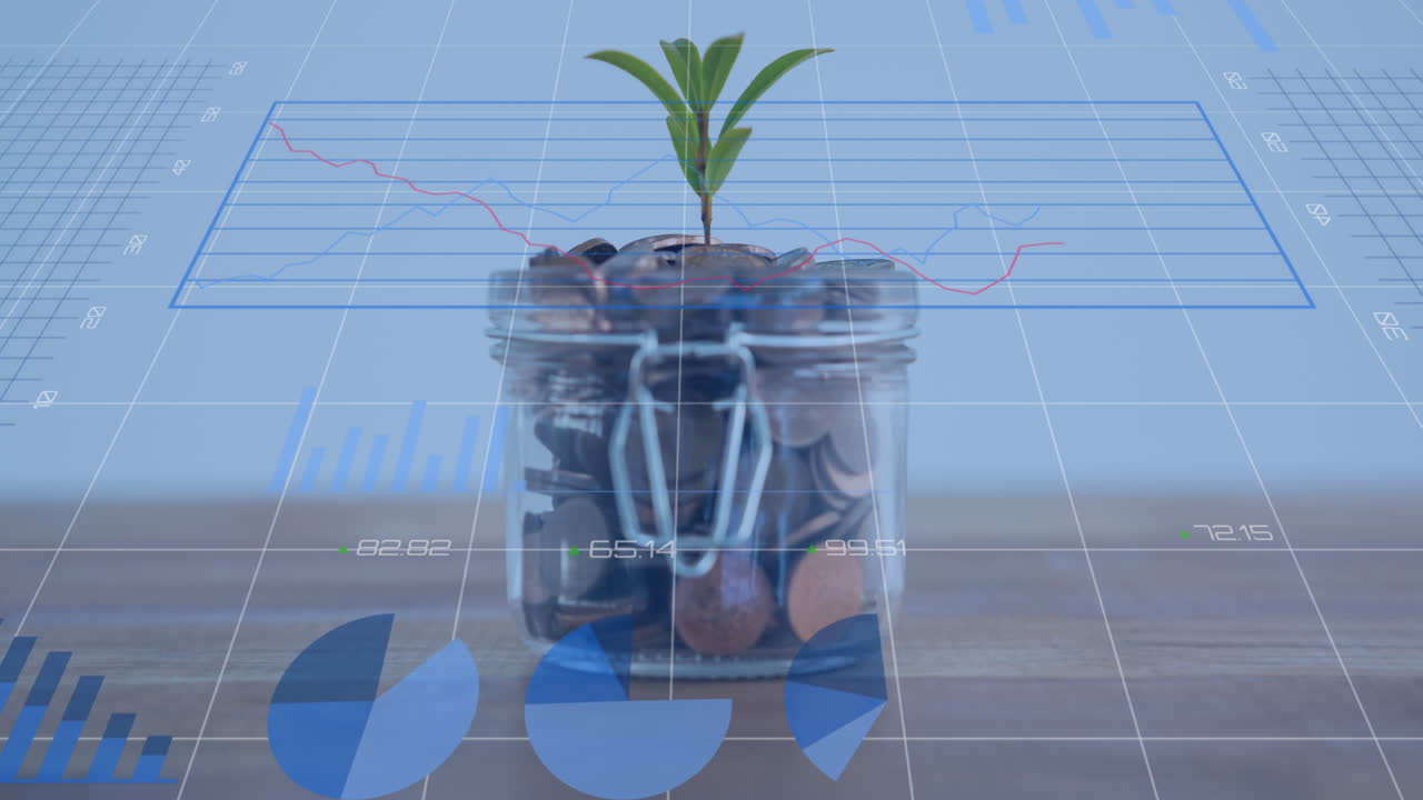 animación del procesamiento de datos financieros sobre un frasco con una planta llena de monedas