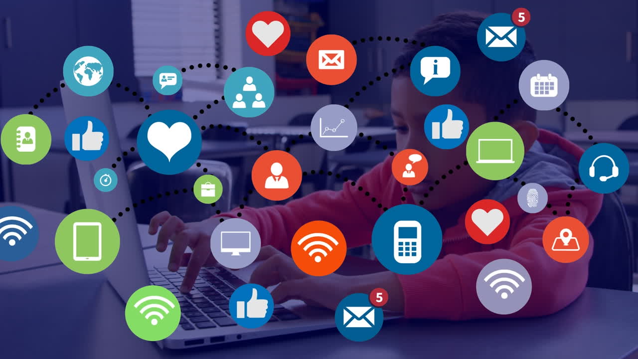 red de iconos digitales contra un niño biracial que usa computadora portátil en la clase en la escuela