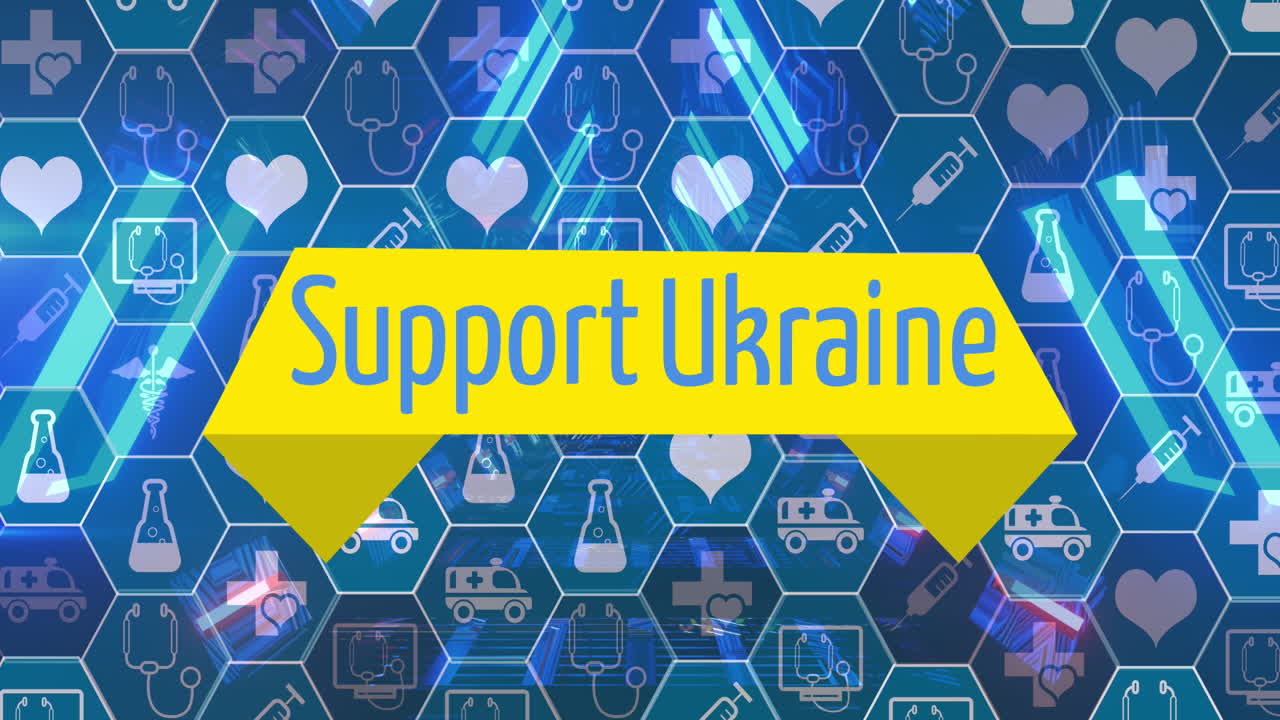 아이콘과 함께 조명과 육각형 위에 우크라이나의 지원 애니메이션