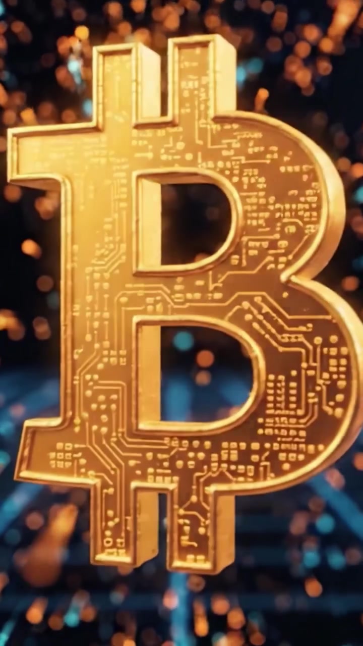 Splendida rappresentazione visiva di criptovaluta: un simbolo dinamico di Bitcoin dorato con elementi digitali catturato con dettagli mozzafiato su uno sfondo futuristico.