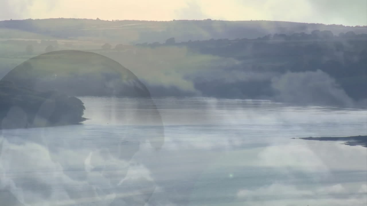 Cloudy sky over serene lake with rolling hills in scenic landscape animation