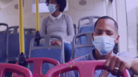 animación del procesamiento de datos financieros y hombre y mujer con máscaras faciales en el autobús.