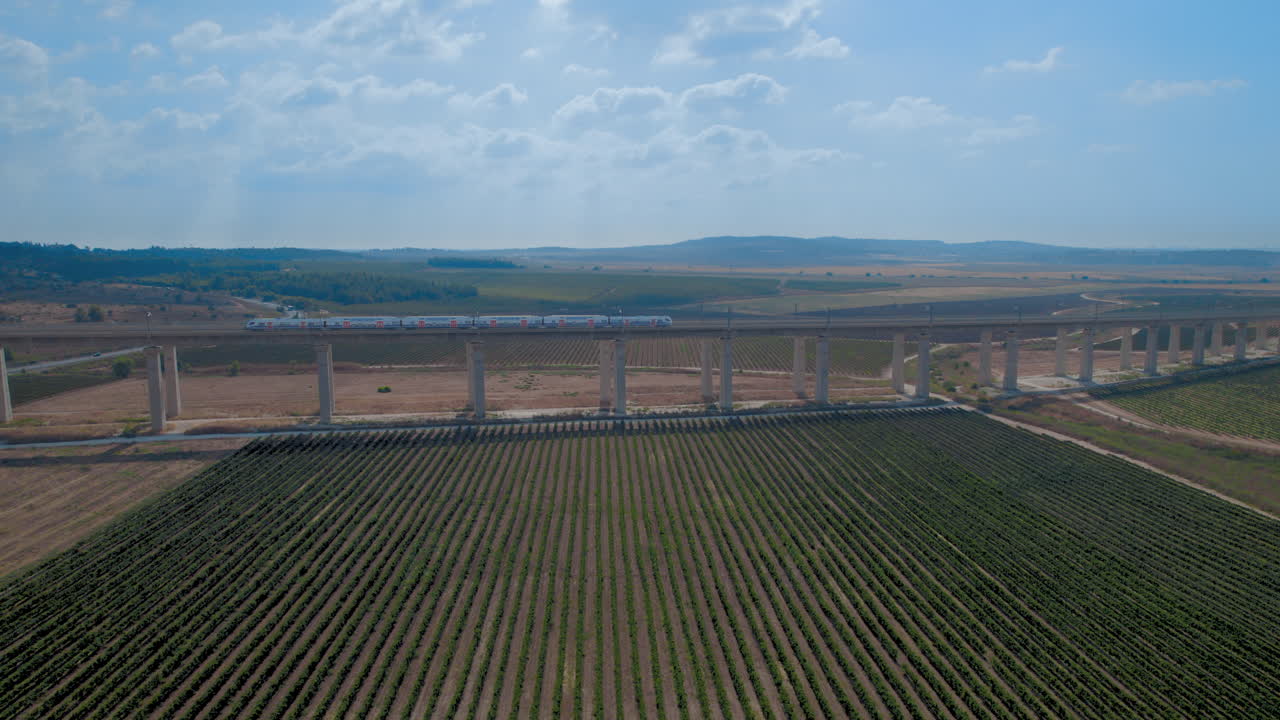 toma aérea de drones de los pasos de tren en un enorme puente ferroviario sobre campos agrícolas y viñedos - revelación de retroceso
