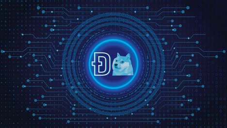 4k-Dogecoin-Crypto-Blockchain-Cryptocurrency-Icono-Y-Logotipo-Para-Cifrado-Digital,-Intercambio-De-Dinero-Digital,-Conexiones-De-Red-Global-De-Tecnología-En-Un-Concepto-De-Fondo-Azul