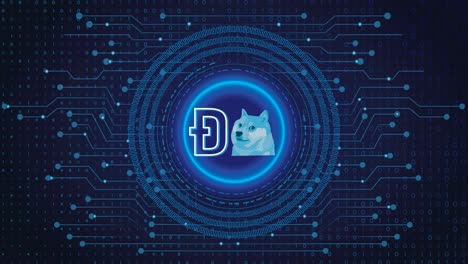 4k dogecoin crypto blockchain cryptocurrency icoon en logo voor digitale codering, digitale gelduitwisseling, technologie wereldwijde netwerkverbindingen op een blauwe achtergrond concept