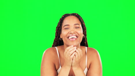 Woman,-blowing-kiss-and-green-screen-for-skincare