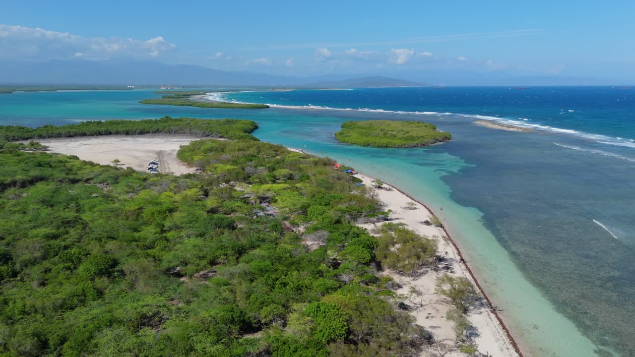 Playa Caobita: turquoise lagoon, protective reef, sandy beach, lush mangroves, Dominican Republic. Aerial backward