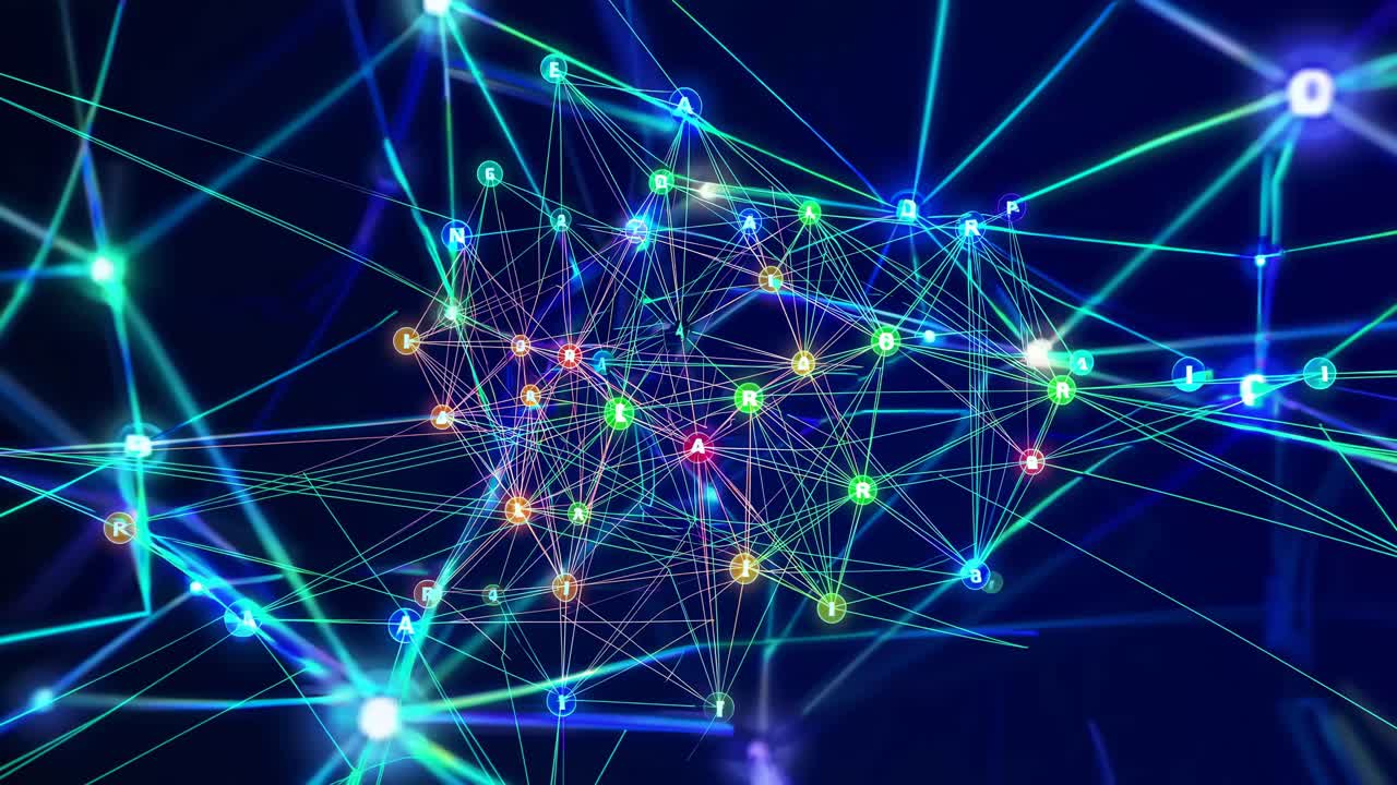 Dynamic network of glowing nodes and lines in a digital style, captured from a high-angle view