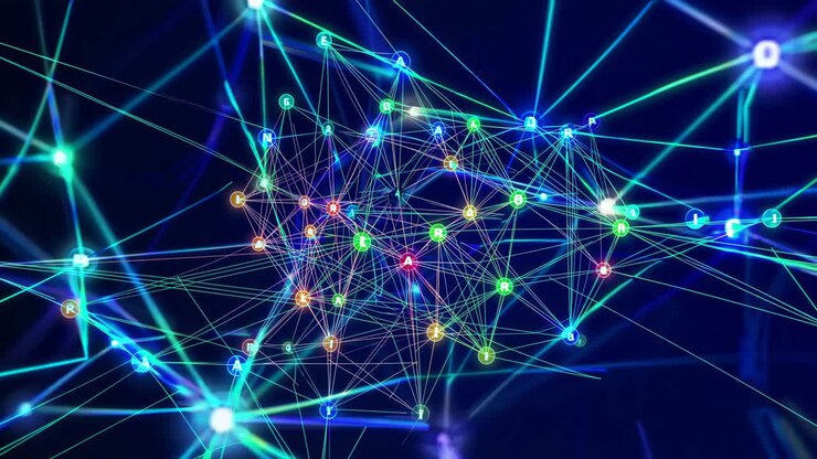 Dynamic network of glowing nodes and lines in a digital style, captured from a high-angle view