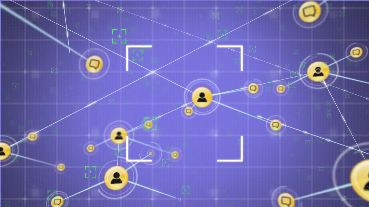 animación de la interfaz con el alcance y los iconos de las personas conectadas sobre un fondo púrpura