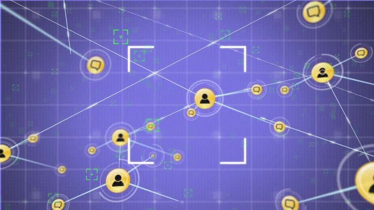 Animation of interface with scope and connected people icons on a purple background