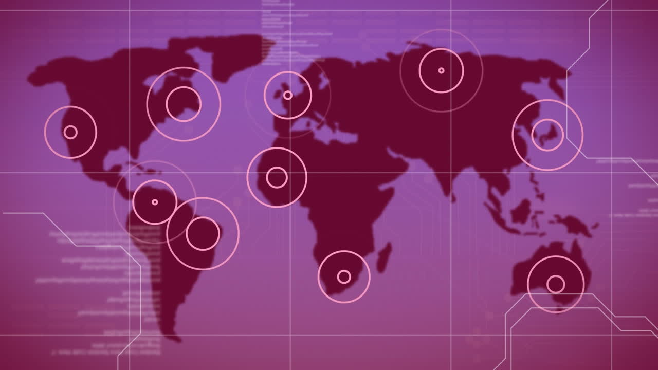 animación de procesamiento de datos y ubicaciones pulsando en el mapa del mundo en fondo rosa