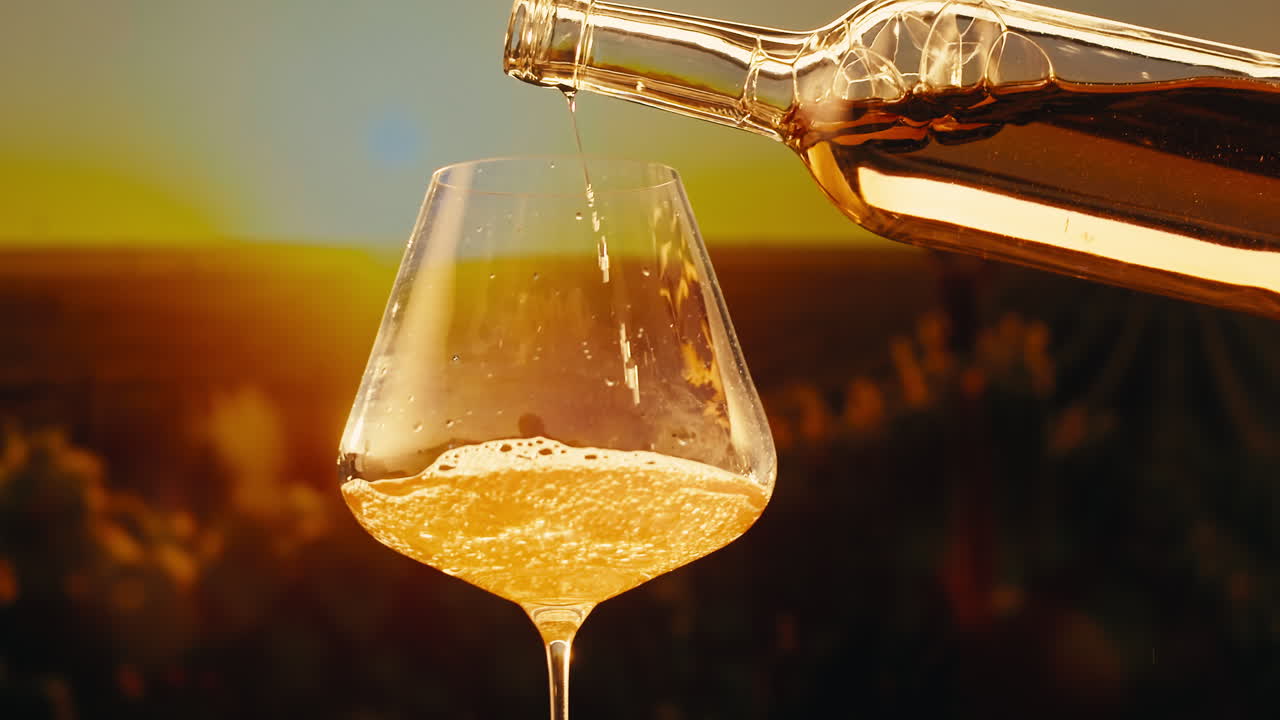 Orange or white wine bottle and glass against a sunset in a peaceful vineyard, pouring of ecological natural wine.
