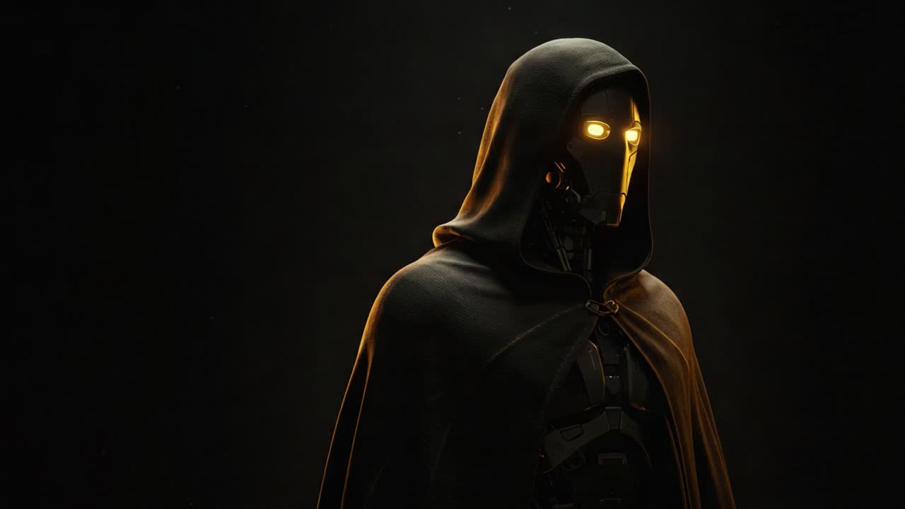 A mysterious robotic figure shrouded in a dark cloak, featuring glowing eyes that illuminate the concealed surroundings, evoking an aura of intrigue and enigma