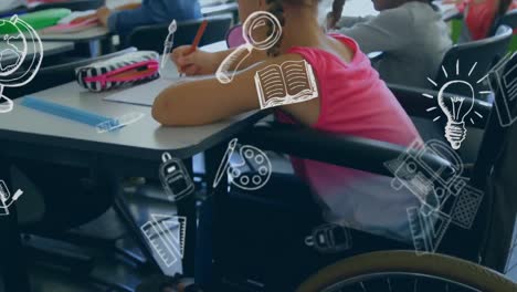 Animation-of-school-items-icons-over-disabled-caucasian-schoolgirl-sitting-in-wheelchair