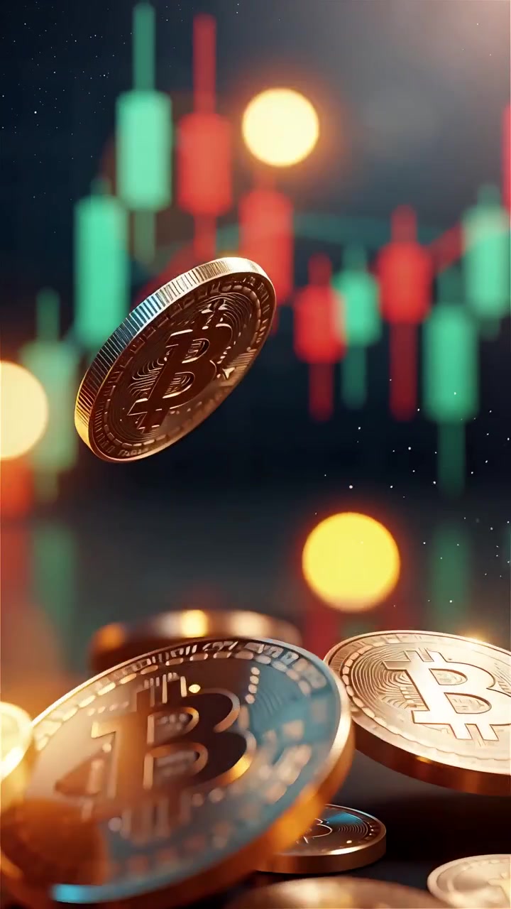 Moedas de Bitcoin douradas com fundo de gráfico de velas desfocado 4K