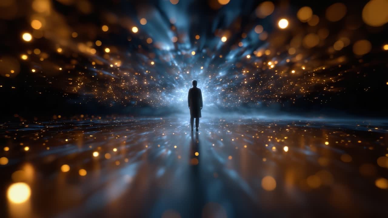A solitary figure stands amidst a mesmerizing display of swirling lights and sparkling particles, evoking a sense of wonder and limitless potential for exploration