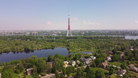 riga radio and tv tower in riga, latvia, tallest in european union, aerial shot