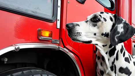 a dalmatian dog sitting in front of a fire truck