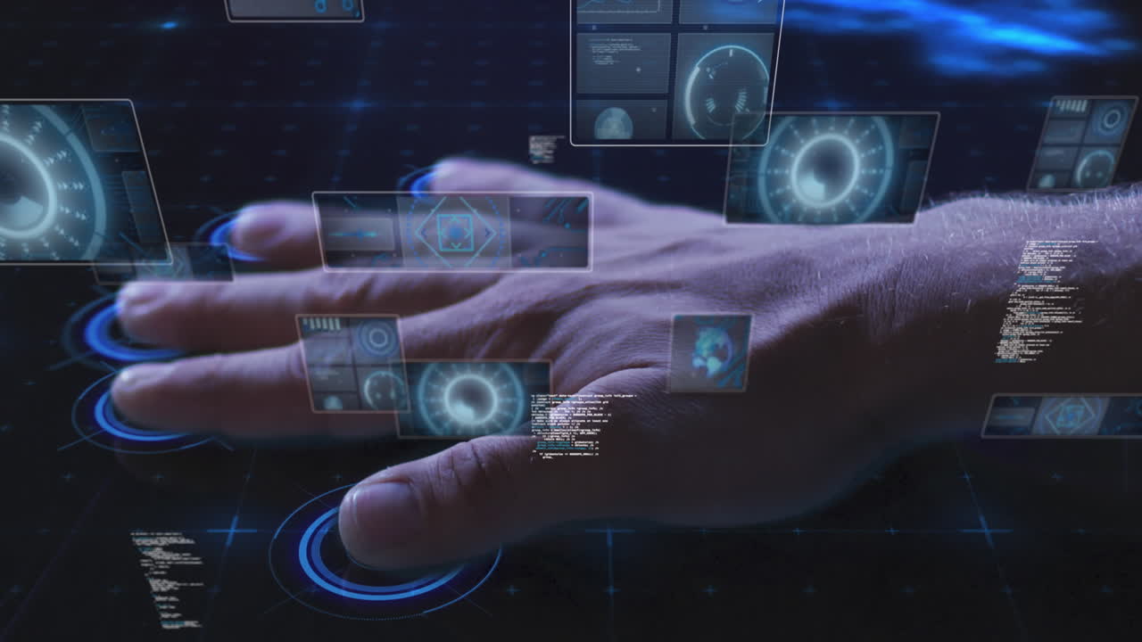 animación del control biométrico manual, los alcances y el procesamiento de datos sobre un fondo oscuro