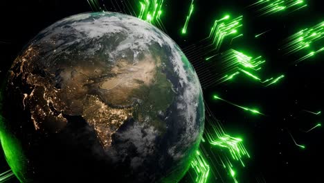 planet earth with visible south asia, middle east and parts of east asia at night and glowing green digital arrows in outer space. 3d render representing global data transmission, cyber communication