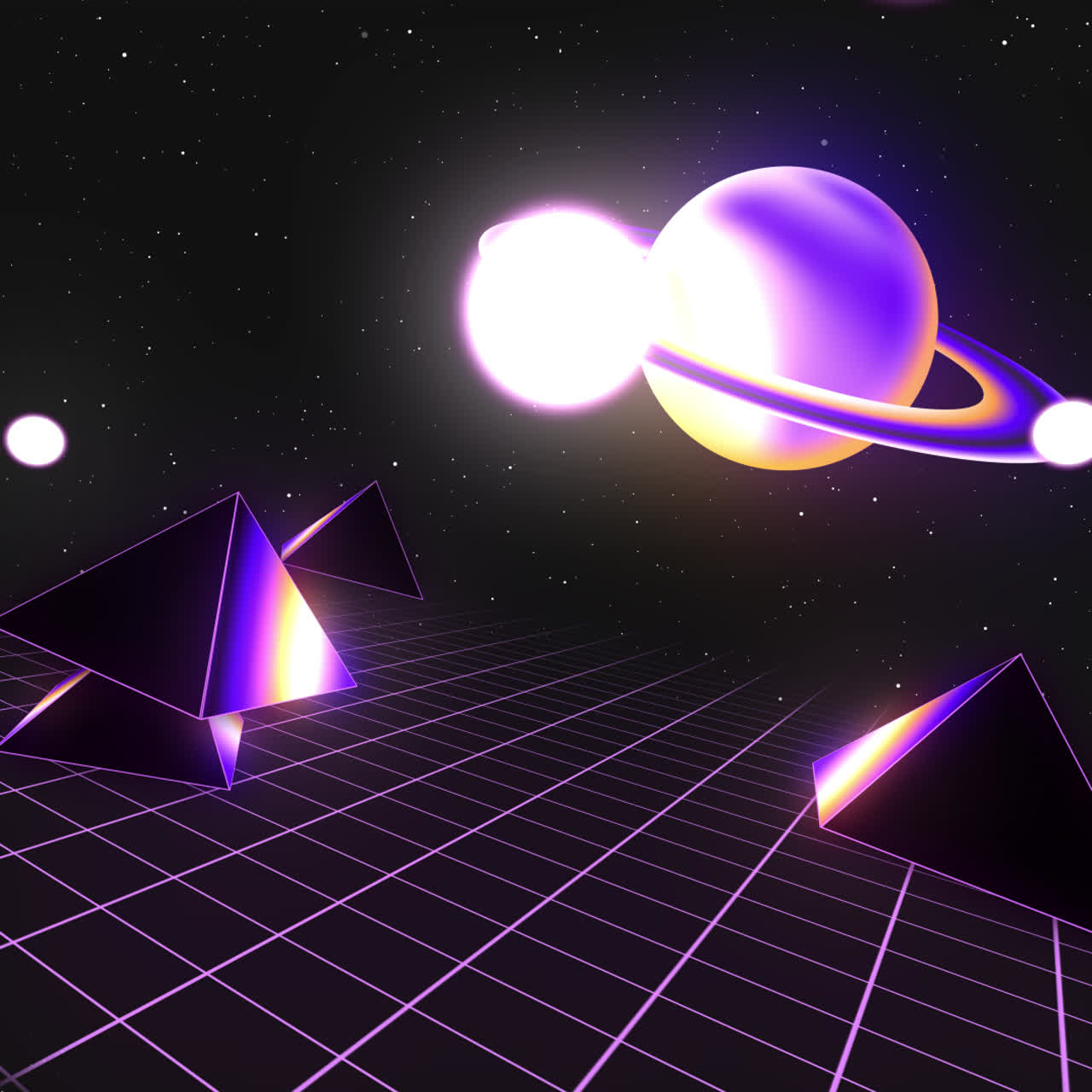 Synthwave Space Scene with Neon Planet and Pyramids