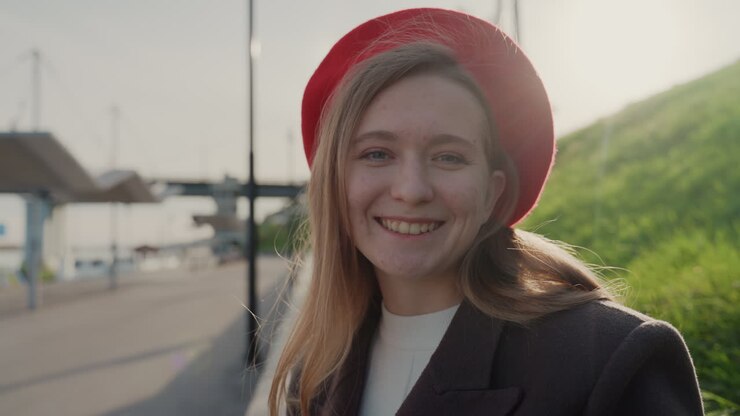 Giovane donna caucasica con basco rosso che sorride, atmosfera da travel blogger su una soleggiata passeggiata sul lungomare, la morbida retroilluminazione mette in risalto i capelli e il cappotto, risate spontanee e calda atmosfera dorata del tramonto, outfit casual ed elegante
