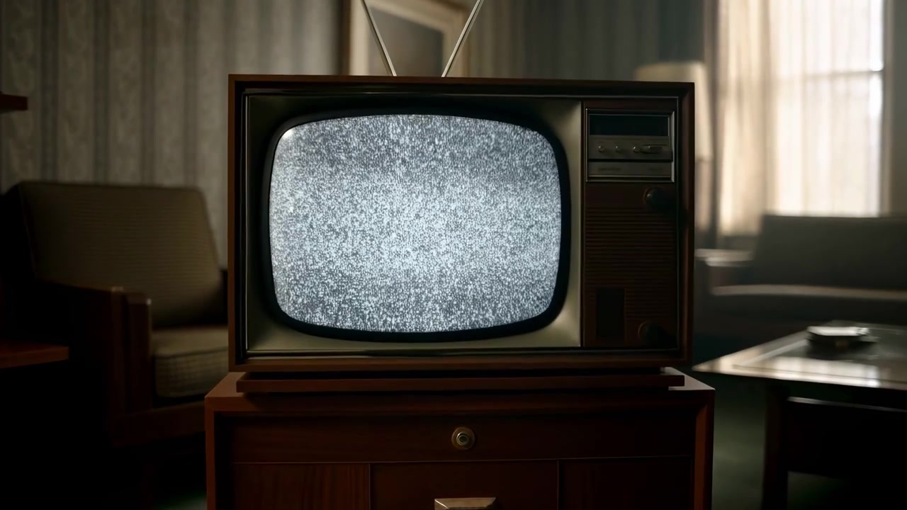 Soggiorno retrò con rumore statico sul televisore. Luce solare fioca attraverso le tende, mobile in legno e poltrona.