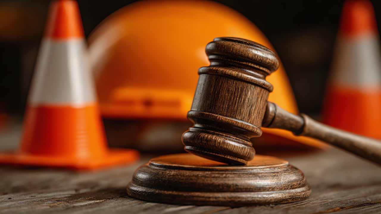 Un'Analisi Approfondita di Giudizio e Sicurezza: Esplorando l'Intersezione tra Legge e Costruzione con un Martelletto, un Casco di Sicurezza e Coni Stradali