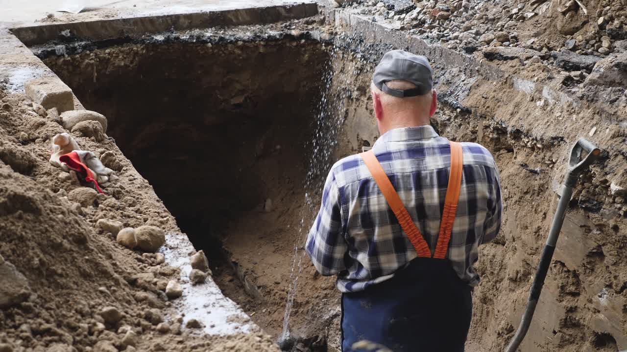 trabajador tomando fotografías de tuberías oxidadas en la vista aérea de la zanja