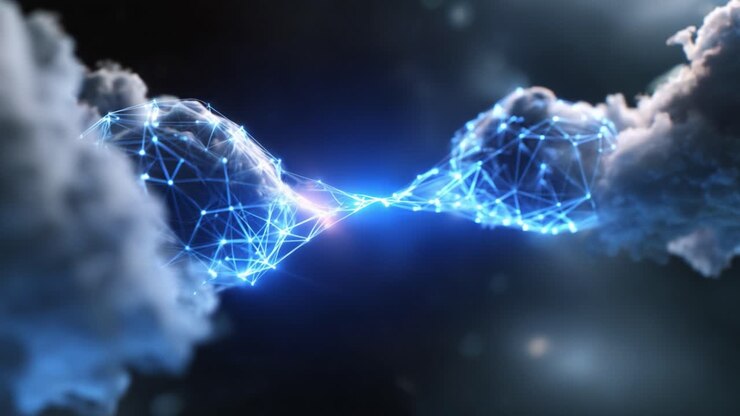 A Stunning Visualization of Connectivity and Data Flow Between Cloud Structures Represented by Striking Blue Light Patterns and Network Connections