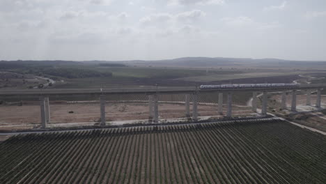 Toma-Aérea-De-Drones-De-Pasos-De-Tren-En-Un-Enorme-Puente-Ferroviario-Sobre-Campos-Agrícolas-Y-Viñedos---Revelación-De-Retroceso