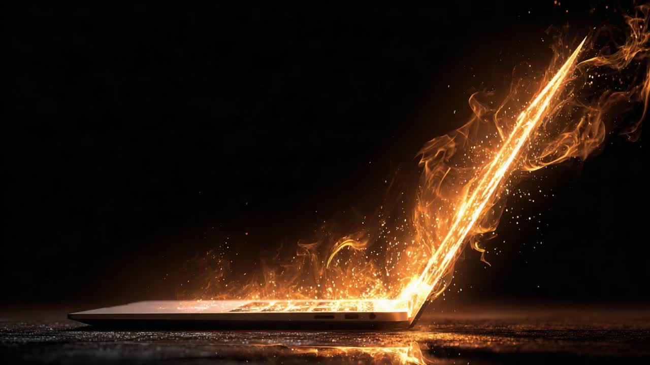 A Dramatic Transformation: A Laptop Erupts in Fiery Flames, Symbolizing Innovation, Passion, and the Unleashing of Creative Energy in the Digital Era