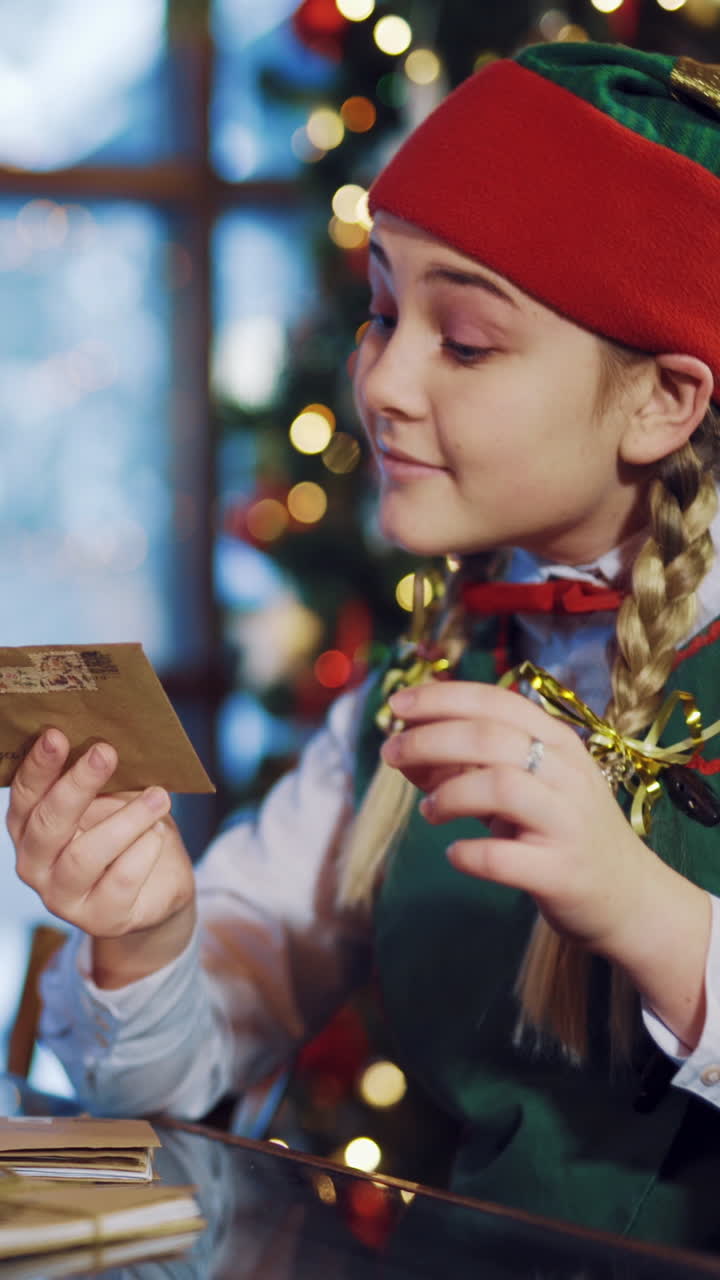 A jolly elf with admiration reads the address of the letter and is pleased about what is happening on the background of the New Year decorations near the window in the room. Blurred Background Vertical video