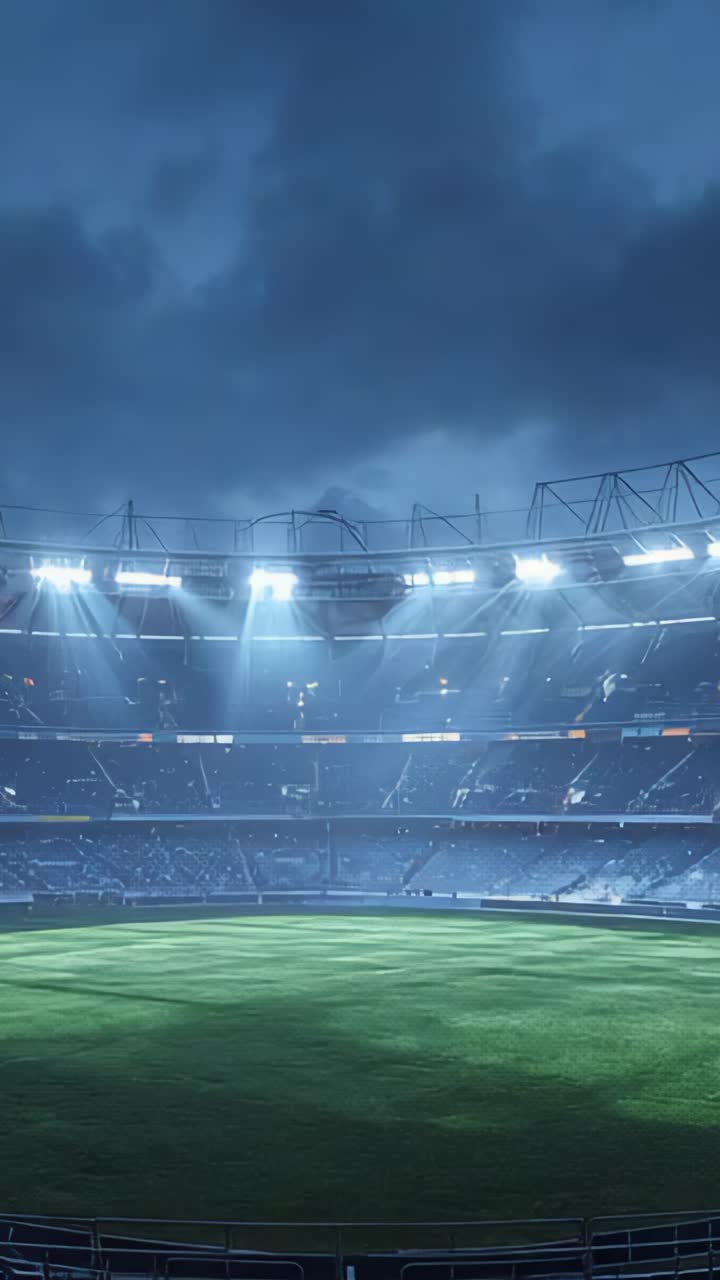 Vertical video: Showing empty stadium shining under floodlights in cloudy night, featuring pitch